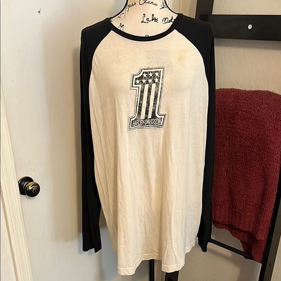 Harley-Davidson Black Cream Number 1 One Pullover Raglan Casual Shirt - Picture 1 of 11